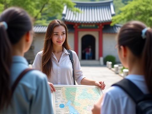 여행객들에게 지도를 가리키는 투어 가이드